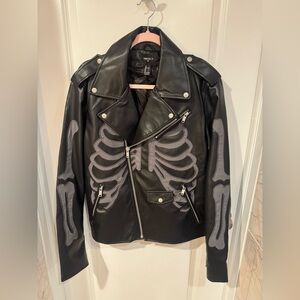 Forever 21 Black Faux Leather Skeleton Moto Jacket with Gray Bone Appliqués
